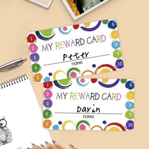 Detail of custom cartoon reward cards for students with numbered progress tracking slots
