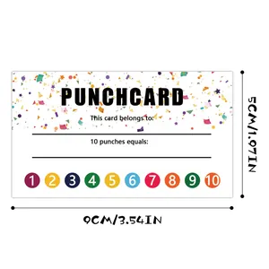 Detailed view of 5x9CM cartoon punch cards for kids with size markers and 10 reward points