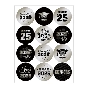 Macro view of Class of 2025 graduation stickers with caps and diplomas for sealing gift bags