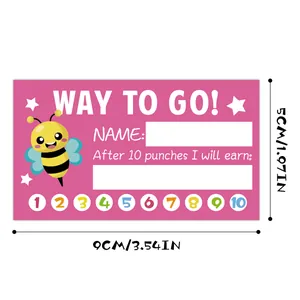 Detailed view of 5x9cm pink reward punch card with cartoon bee and 10 stamp circles