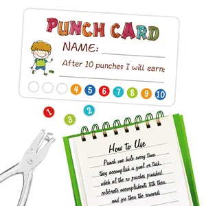Student reward punch cards set with cartoon designs and a metal manual hole punch tool