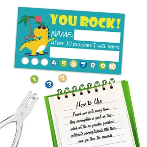 Detail of dinosaur reward punch cards with hole puncher for classroom behavior management