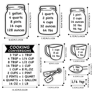 Black and white kitchen measurement conversion chart magnets for baking and cooking tasks