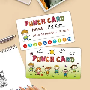 Close-up of 10-slot cartoon reward punch cards for students with cute hand-drawn illustrations