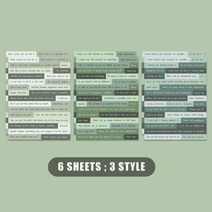 Detail of vintage English quote stickers in gradient gray and green for DIY journals