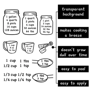 Kitchen unit conversion chart sticker showing liquid and dry measurement scales