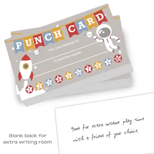 Space themed punch cards for kids with astronaut design and ten star loyalty rewards dots