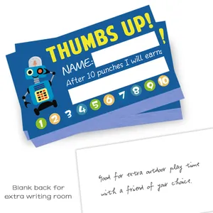 50-pack blue robot reward punch cards for kids with name field and 10 punch holes