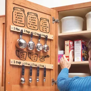 Kitchen measurement conversion chart stickers with wooden rack and measuring spoon set