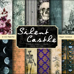 Macro view of 6x6 inch vintage Gothic scrapbook paper pad with 12 unique castle designs
