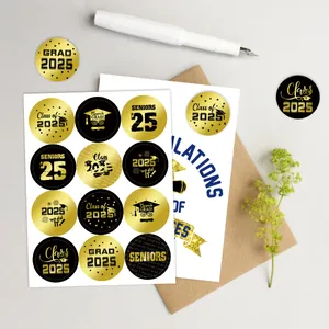 Black and gold 2025 graduation stickers with cap and diploma icons for gift sealing