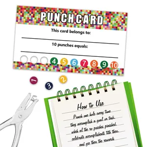 Close-up of a 10-slot colorful punch card for student rewards with a metal hole puncher