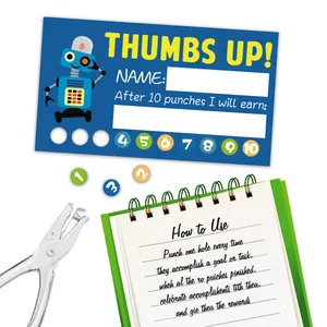 Detail of blue robot loyalty reward card with name field and manual metal hole puncher