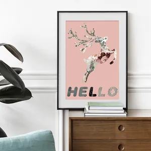 Retro decorative craft paper with floral deer silhouette and artistic hello text
