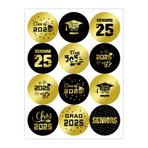Detail of 12 black and gold 2025 graduation stickers for gift seals and food packaging