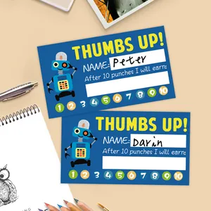 Detail of blue reward punch cards with cute robots and 10 punch spots for students