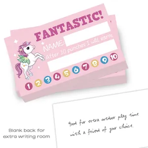Unicorn punch cards for student rewards featuring pink design and ten punch marks