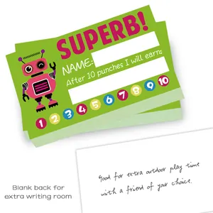 Robot theme children loyalty punch cards with 10 slots for classroom incentive rewards