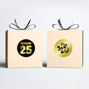 Detail of 2025 graduation gift boxes with black ribbons and Class of 2025 stickers