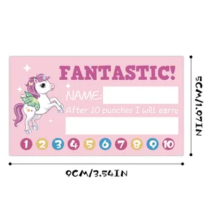 Detailed size view of pink unicorn reward card measuring 9cm by 5cm with punch holes