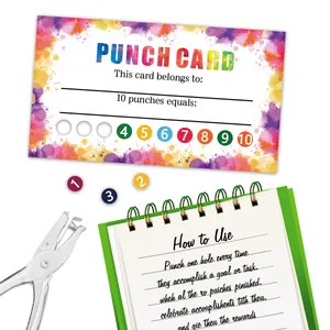 Cartoon reward punch cards set with 10 slots and silver metal hole punch tool