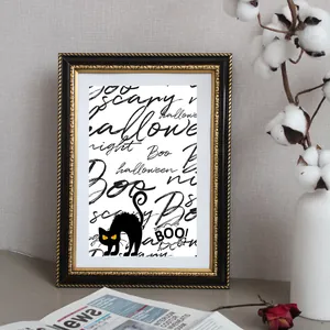 Halloween decorative framed print featuring a black cat and festive calligraphy motifs
