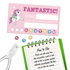 Unicorn punch cards set with a handheld metal hole puncher and English usage instructions