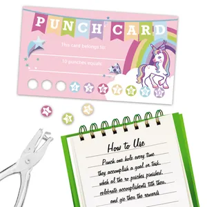Unicorn punch cards for classroom rewards with metal puncher and English instructions