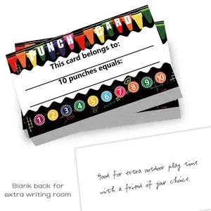 Cartoon student punch cards with colorful doodle patterns and ten reward tracking circles
