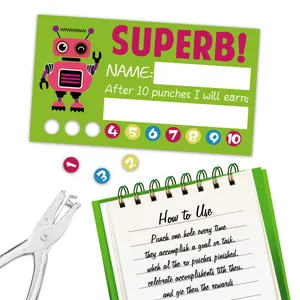 Close-up of incentive punch card with robot design showing hole punch usage and instructions