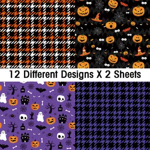 Detail of 12 Halloween scrapbooking paper designs with pumpkins, ghosts and plaid patterns