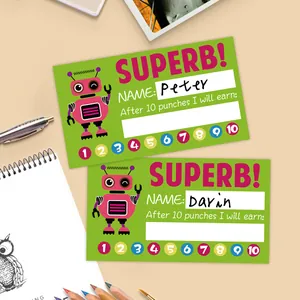 Detailed view of incentive reward cards for kids with cute robot design and punch holes