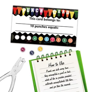 Detail of colorful student punch cards with silver metal hole puncher tool