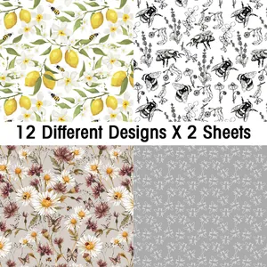 Close-up of 12 vintage decorative scrapbook paper designs featuring birds and flowers