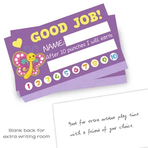 Cartoon butterfly punch cards for student rewards featuring Good Job text and 10 holes