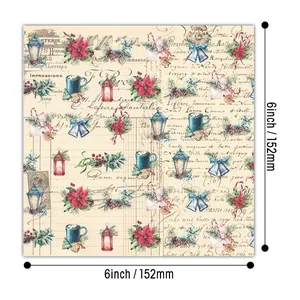 Vintage Christmas scrapbook paper with poinsettia and lantern patterns, 6 inch square size