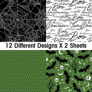 Detail of 24 sheets Halloween decorative paper with spider webs, bats and skull designs