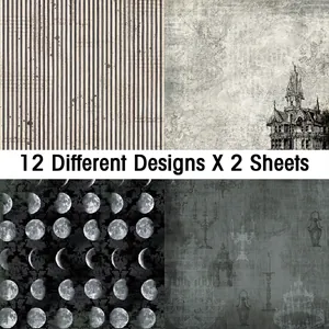 Detail view of 12 vintage scrapbooking paper designs including lunar phases and patterns