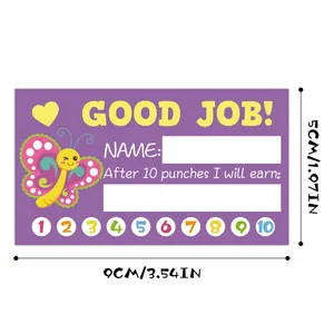 Detail view of 9x5cm reward cards showing cartoon butterfly pattern and punch hole circles