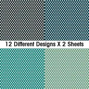 Scrapbook paper set showing 12 different polka dot patterns in four colors for DIY