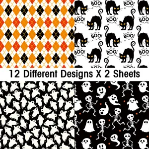 Halloween decorative paper set with 12 patterns including cats, ghosts, and skulls