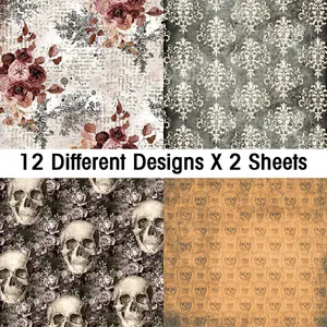 Detail of vintage decorative paper showing skull patterns and floral damask textures