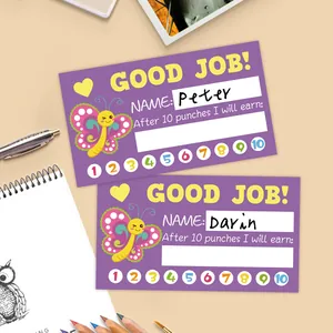 Macro detail of purple butterfly reward cards with punched holes for student incentives