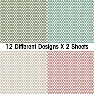 Detailed view of 12 polka dot craft paper designs in olive, blue, beige, and pink