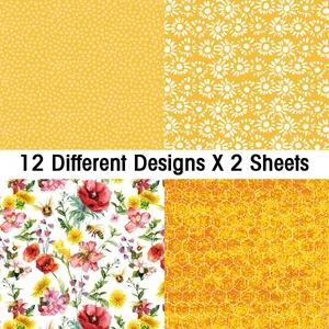 Detailed view of 12 yellow floral and honeycomb patterns for DIY scrapbooking material