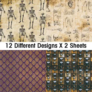 Macro detail of vintage scrapbook papers showing anatomical drawings and damask patterns