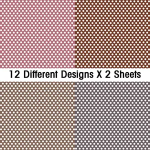 Detailed grid of 12 polka dot craft paper designs with colored backgrounds and white dots