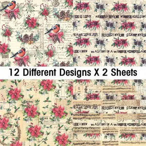 Detail of 12 vintage Christmas scrapbooking papers with floral and musical patterns