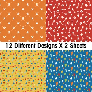 Scrapbook paper pack with 12 cat-themed designs including fishbone and paw patterns