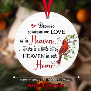 Herdenking kerstboomversiering van acryl met kardinaalvogel en rood lint, 8 cm diameter